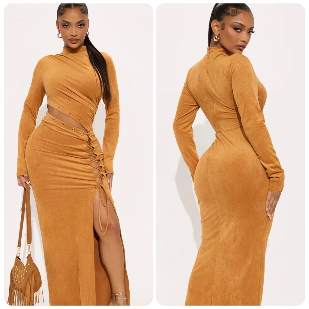 Fashion Nova Mustard Lace-Up Cutout Long Sleeve Maxi Dress NWOT